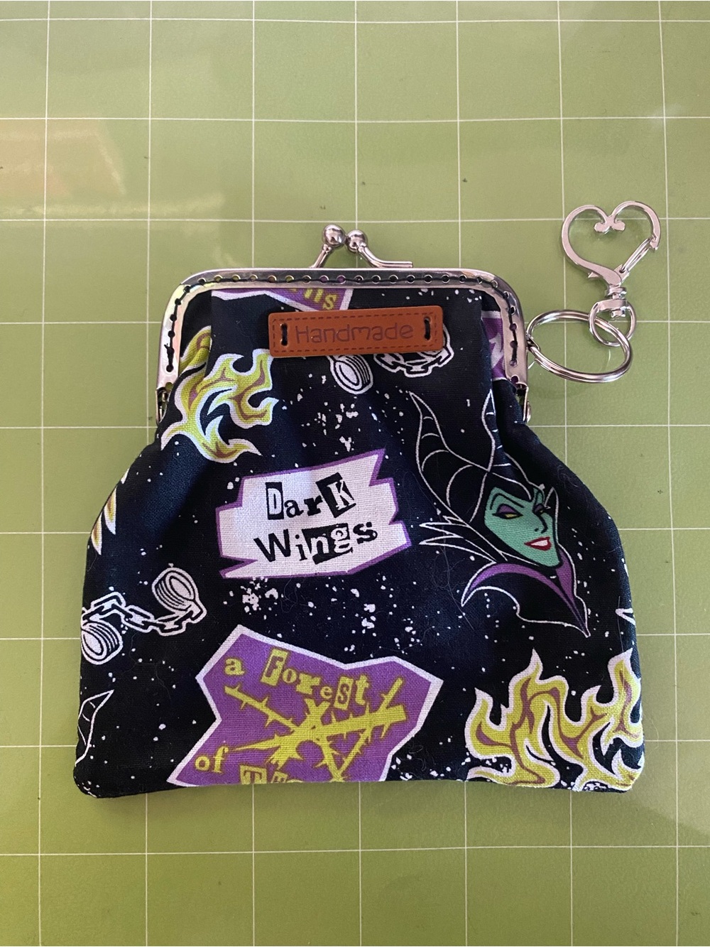 Handmade Disney Maleficent Black Coin Purse with Purple & Green Motifs